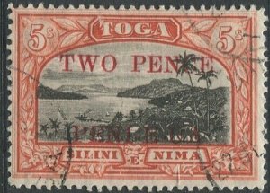 Tonga 1923 SG70 2d on 5/- Vavau Harbour #2 FU