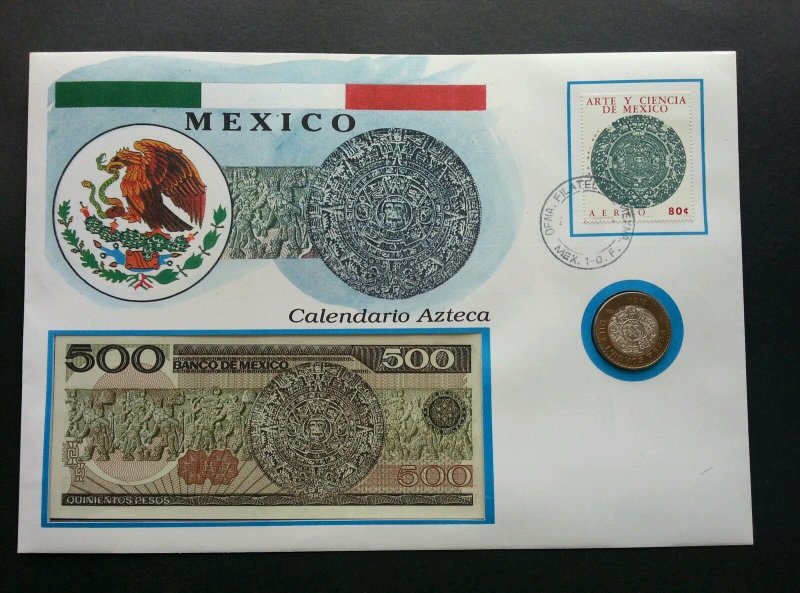 Mexico Art And Science Aztec Calendar 1973 FDC (banknote coin cover *Rare 3 in 1