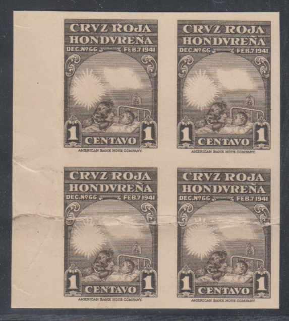 HONDURAS 1945 RED CROSS Sc RA3 MARGINAL IMPERF BLOCK OF FOUR SEPIA PROOF ON CARD 