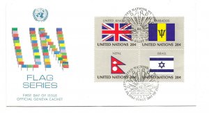United Nations #399-02 Flag Series 1983 UK Barbados Nepal Isreal  Geneva blk FDC