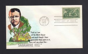 FDC: #1023 1953 3c Roosevelt Home - KNOBLE Hand Painted Cachet