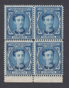 Spain Sc 223 MNH. 1876 10c blue King Alfonso, block of 4, fresh clean gum