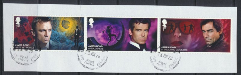 GB   James Bond strip of 3 1st Class Used / Very Fine on piece 2020 issue  se...