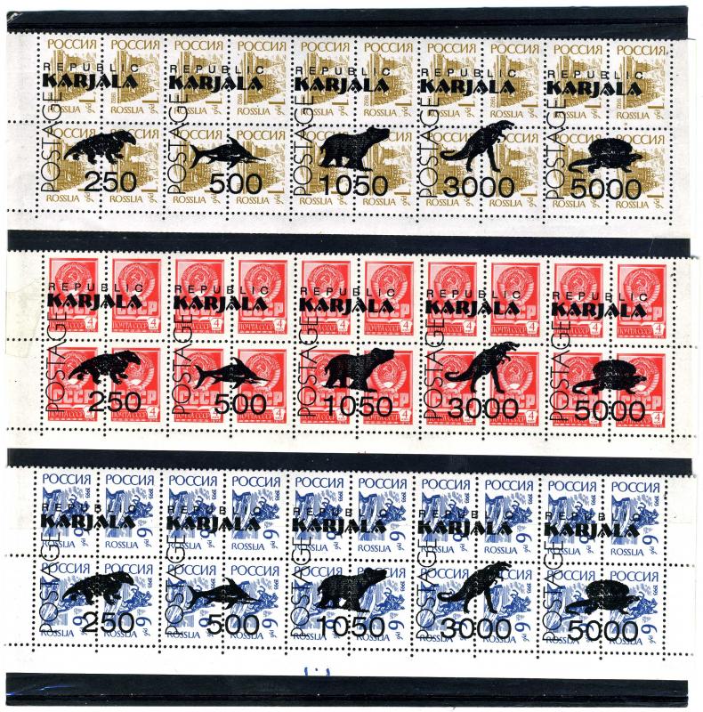 KARJALA REPUBLIC 1992 Prehistoric Animals 3 Strips (5v) Perforated Mint (NH)