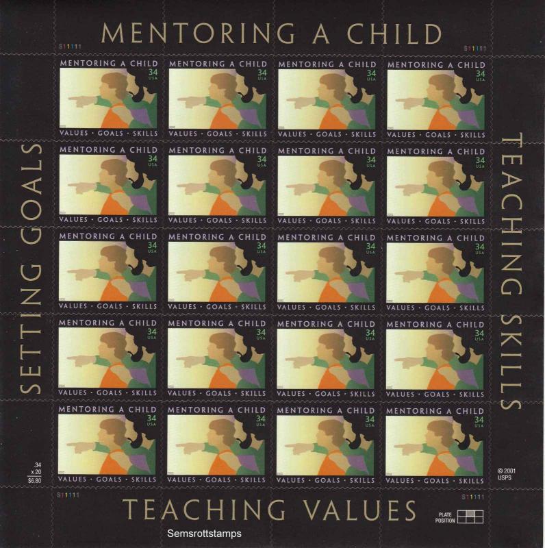 3556 Mentoring A Child Sheet of 20 34¢ Stamps MNH 