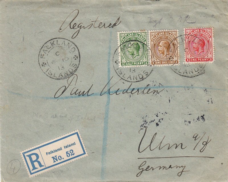 Falkland Islands 1913 KGV Three Colour Franking Cover to Ulm, Germany