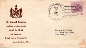 US Sir Lionel Copley Arrives in Maryland 1st Royal Governor 1934 Cover