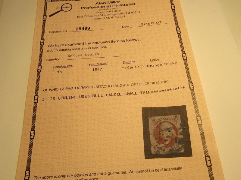 US Stamp, Scott #1b 1847 5c Franklin Used Orange Brown w/Certificate SCV $825.00