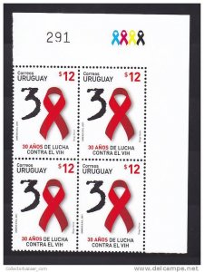 [win645] Fight against HIV AIDS - URUGUAY MNH STAMP on block of 4 with serial...