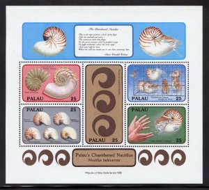 Palau 203 MNH,  Chambered Nautilius Souvenir Sheet from 1988.