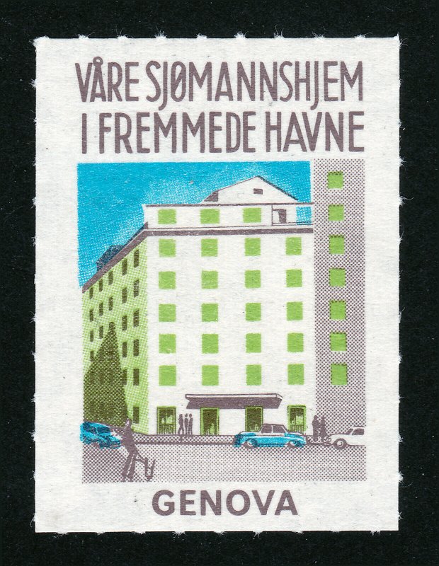 REKLAMEMARKE POSTER STAMP VÅRE SJØMANNSHJEM I FREMMEDE HAVNER 1967 GENOVA HOME