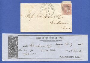 US 1861 3c Rose Pink, Scott 64b on 1863 cover, BANGOR ME + Bank Statement