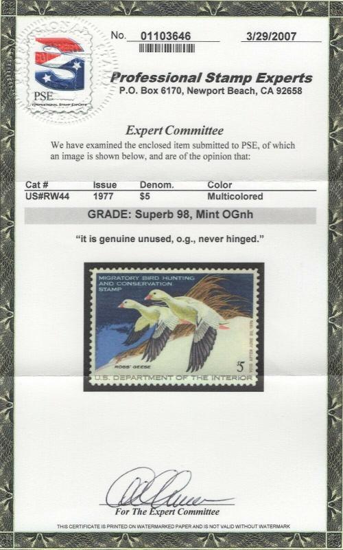 #RW44 Graded Superb 98 Mint OG NH with 2007 PSE Cert SMQ $140.   (GP2)