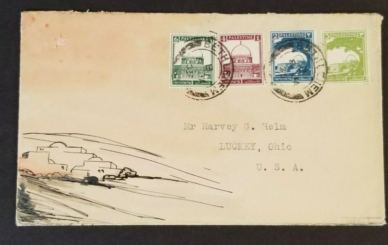 1935 Bethlehem Palestine to Luckey Ohio USA Hand Drawn Illustrated Cover 