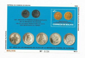 BOLIVIA 1993 FIRST SILVER COINS FROM GERMANY AND BOLIVIA BL 204 SOUVENIR SHEET