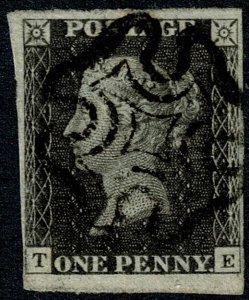 GB 1d Grey black. Plate 11  TE. Cancelled by almost complete Maltese Cross