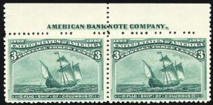 232, Mint NH 3¢ Top Imprint Pair CV $195 * Stuart Katz