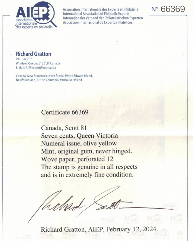 Canada #81 Extra Fine Never Hinged Gem **With Certificate**