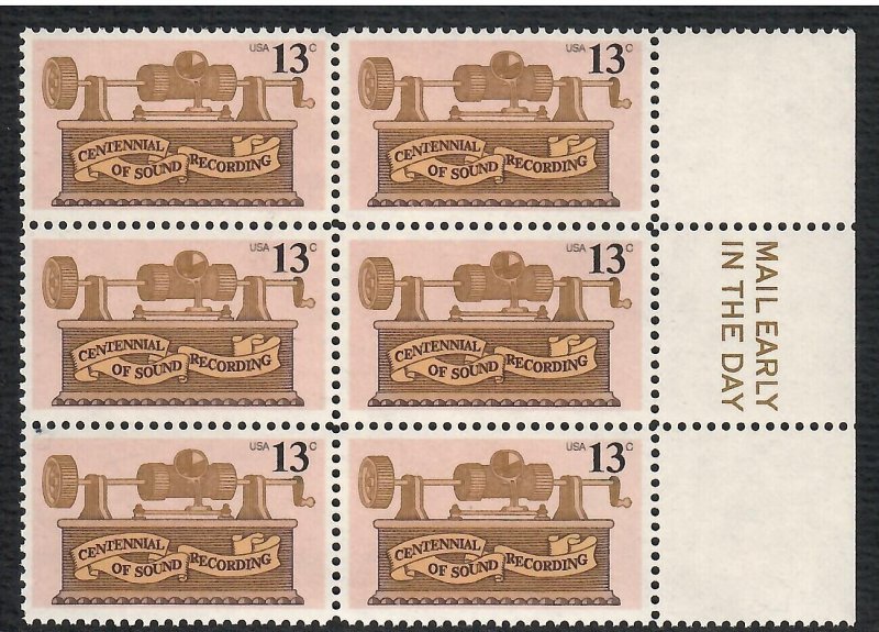 US # 1705 , Sound Recording , VF OG NH Mail Early Block of 6 - I Combine S/H