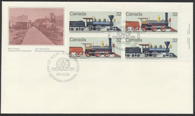 1984 #1036-1039 Set of 3 Locomotives FDCs, UR Plate Blocks, CPC Cachets