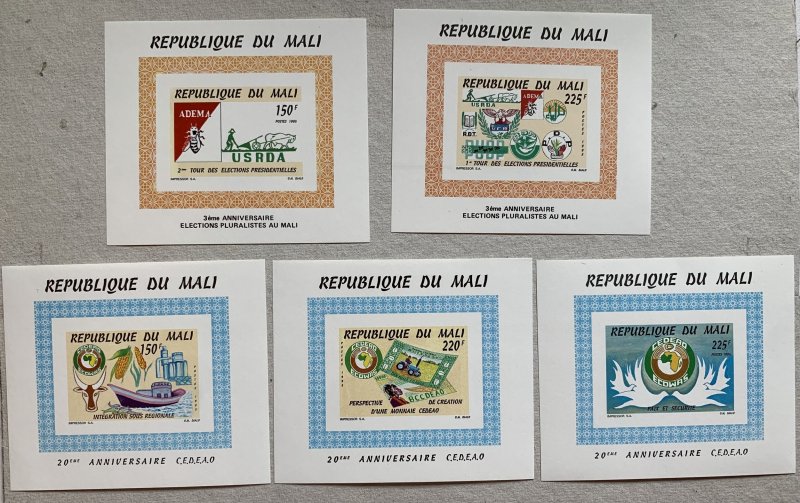 Mali - 5 imperf sheetlets from Elections and ECOWAS sets, MNH.  Scott 756//762