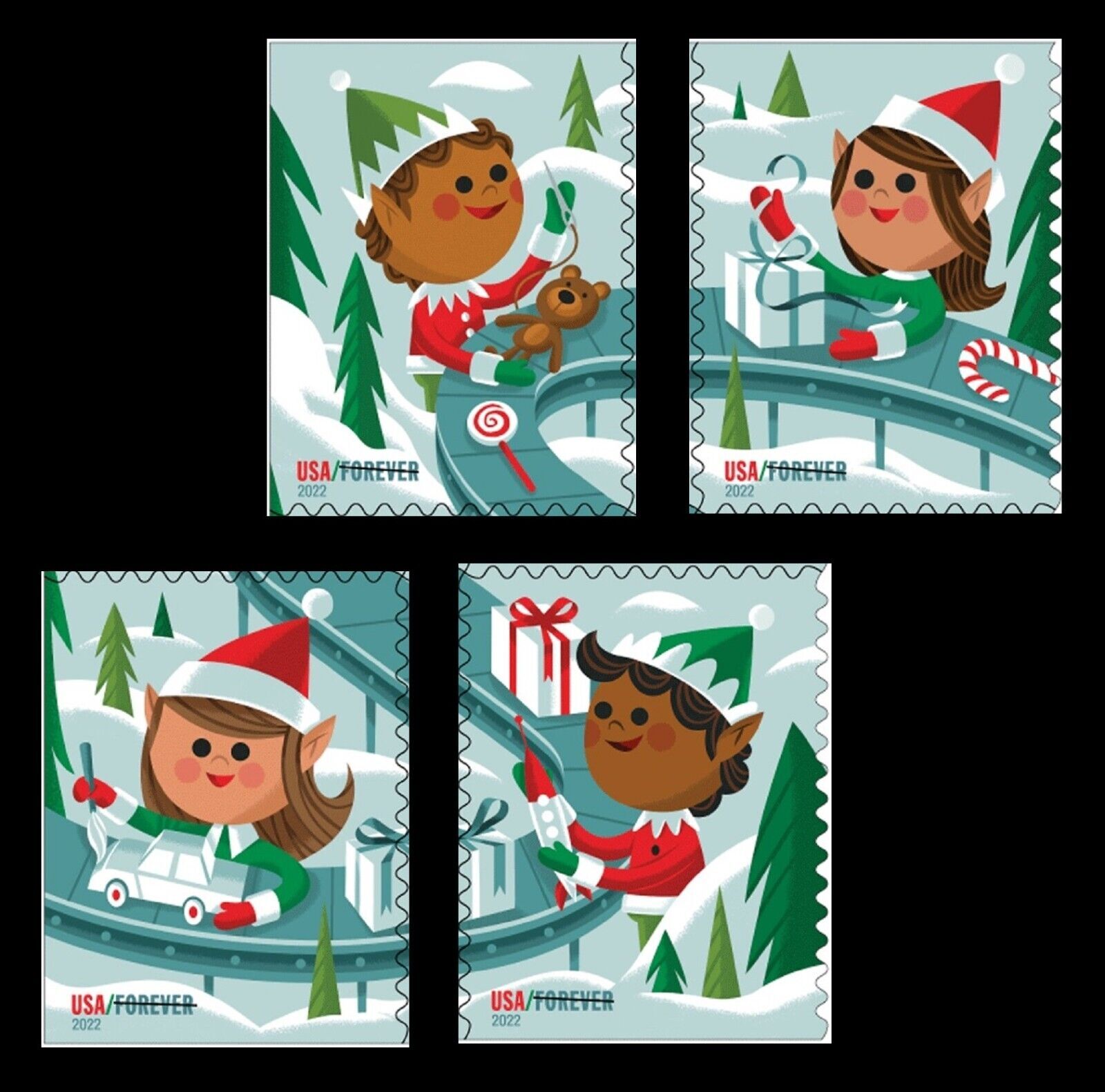 Us 5721 5724 Holiday Elves Forever Set 4 Stamps Mnh 2022 After 9 20