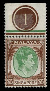 Singapore #20 (SG 15) Cat£110, 1948 George VI, $5 chocolate and emerald, top...