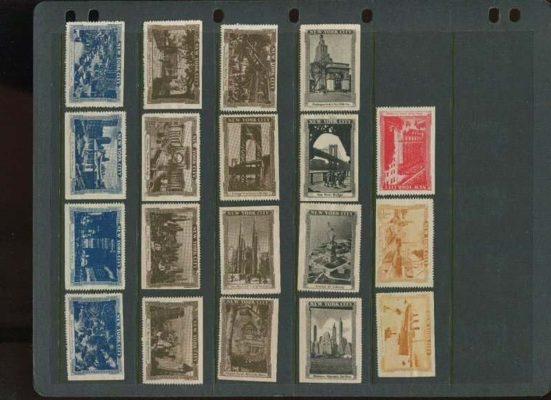 47 VINTAGE NEW YORK CITY POSTER STAMPS FAMOUS BUIDINGS, BRIDGES, ETC. (L1224)