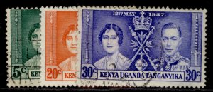 KENYA UGANDA TANGANYIKA GVI SG128-130, CORONATION set, FINE USED.