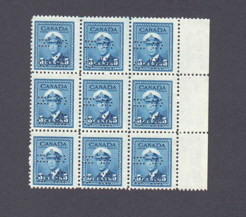 CANADA O255 BLOCK 9 OG NH VF PRISTINE GUM 5-HOLE PERFIN OFFICIAL