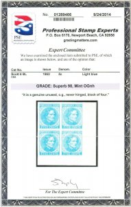 CSA #6 Block Of 4, Mint-Sup-OG-NH Graded 98 PSE Cert Scarce (DFP 8/20/20)