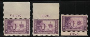 1934 Wisconsin Tercentenary 3c purple Sc 739 MNH matched plate number 21240 (C