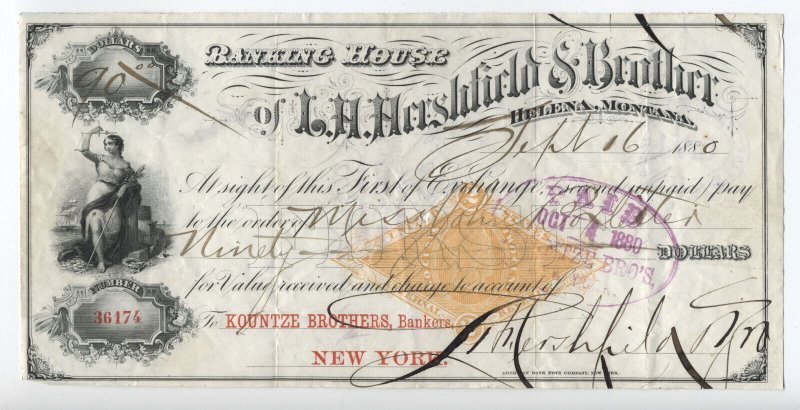 1880 RN-G1 L.H. Hershfield sight draft Helena Montana RN-G1 revenue [6514.33]