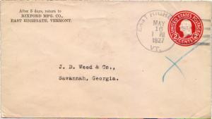 United States Vermont East Highgate 1927 4c-bar  1834-1963  Postal Stationary...