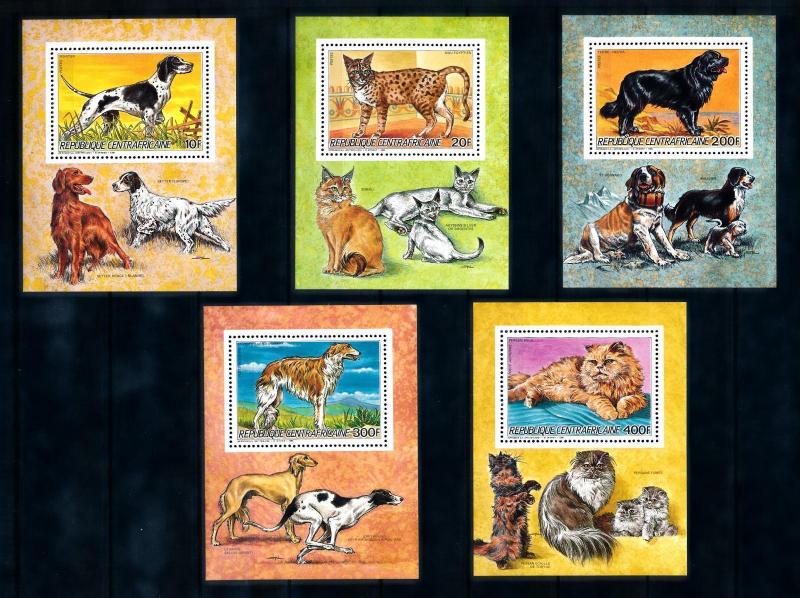 [93804] Central African Rep. 1986 Pets Dogs Cats 5 Perf. Single Sheets MNH