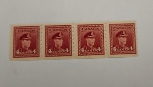 Canada 1942 King George VI War Issue Coil #267 Strip Of 4 MNH