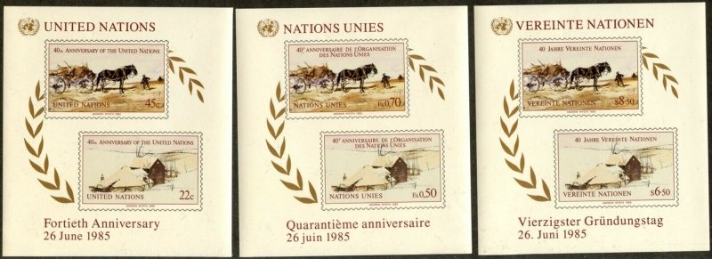 UNITED NATIONS Sc#NY447-9 GE135-7 VI52-4 1985 40th Ann Set & 3 SS Cpl Mint NH