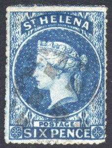 St Helena 1863 6d Blue rough perf 14-16 Lge Star SG 2a Sc 2B VFU Cat £130($167)