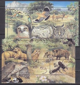 Ghana, Scott cat. 2128-2129. Various Fauna & owls on 2 sheets.