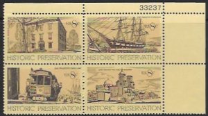 US #1440-43 PB. Historic Preservation. Ship, Trolley, Mission, Decatur House.