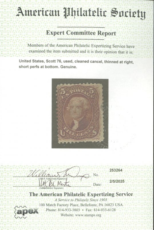 U.S. #76 USED WITH APS CERT