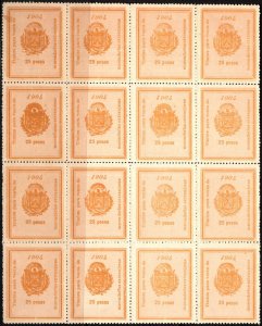 1904 El Salvador Revenue 25 Pesos Entry of Foreign Goods Import Tax Block/16 MNH