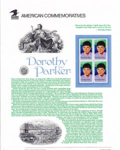 USPS Commemorative Panel 391 Dorothy Parker Writer Wit #2698 Block/4 Mint 1992