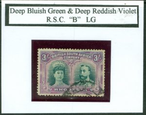 SG 158 Rhodesia 1910-13. 3/- deep bluish-green & deep reddish-violet. Very...