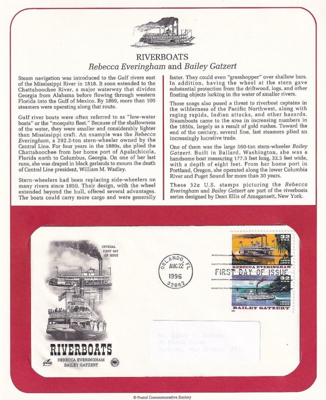 1996 Riverboats Sc 3091-95 FDCs on 3 PCS info pages 3095a set of 5 designs