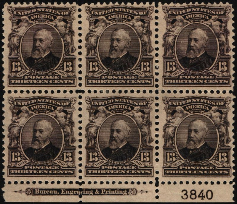 Scott #308 VF - 13c Purple Black - Harrison - Plate Block of 6 Imprt - OG - 1902