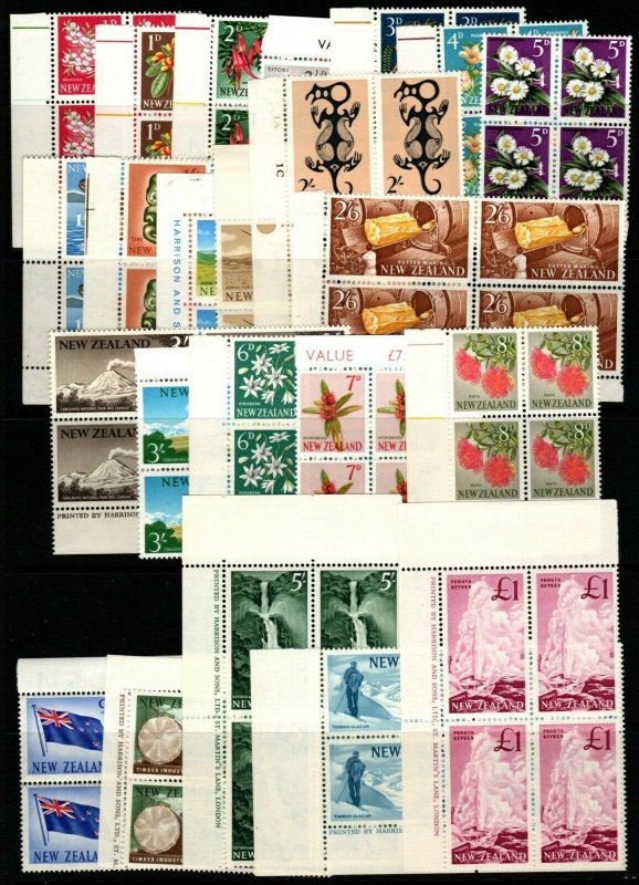 NEW ZEALAND SG781/802 1960-66 DEFINITIVE SET BLOCKS OF 4(MAINLY IMPRINT) MNH