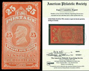 Scott PR3 1865 25c Orange Red Newspaper Issue Unused F-VF Cat $400 with APS CERT