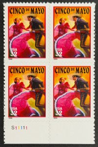 USA, 1998, SC# 3203, Plate Block, Cinco De Mayo, Unused, MNH, VF
