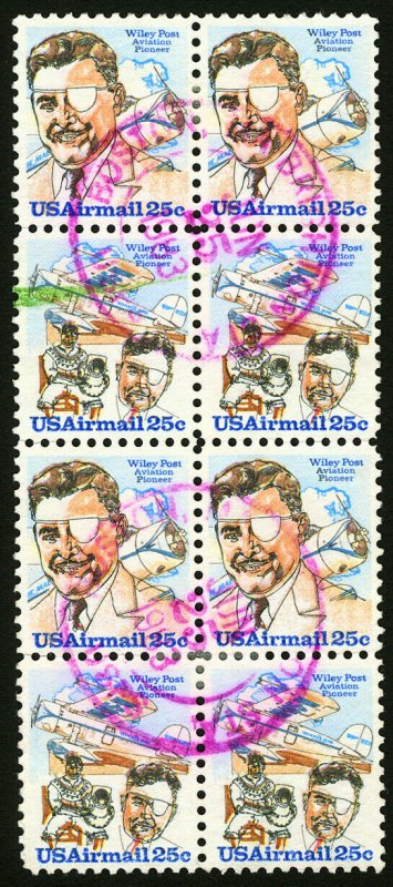 #C95 & #C96 1979 25c EFO Used Block of 8, (4 Vert Pairs) with Color Shift Errors